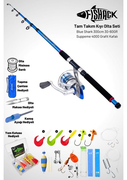 Tam Takım Kıyı Olta Seti - 300CM Kamış 30-60GR / 4000'LIK Supreme Olta Makinesi - Taşıma Çantalı