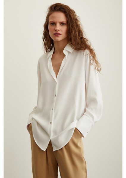 Likralı Saten Gömlek Ekru modelleri