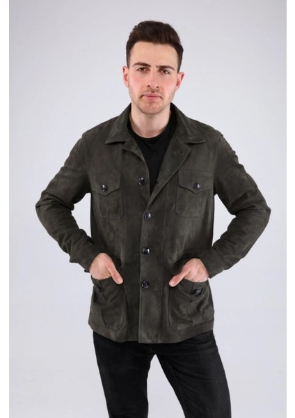 Erkek Safari Düğmeli Hakiki Deri Antrasit Süet Ceket