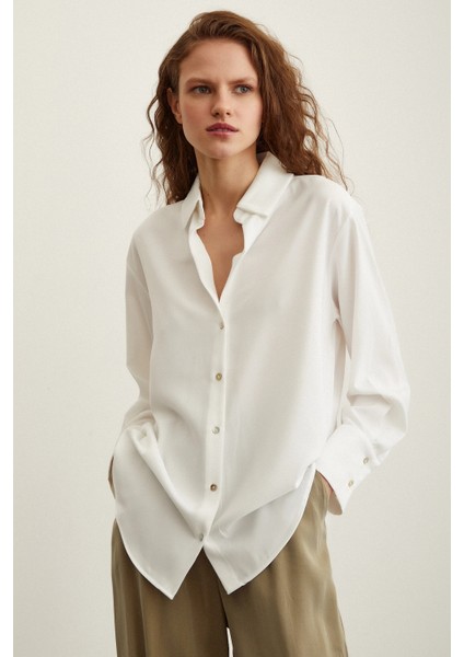 Likralı Saten Gömlek Ekru fırsatları