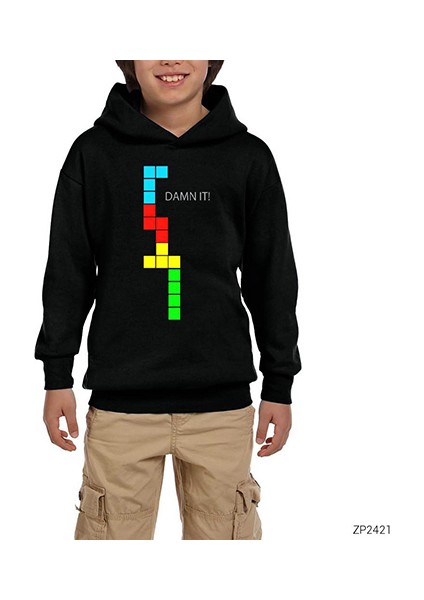 Tetris Damn It Siyah Çocuk Kapşonlu Sweatshirt