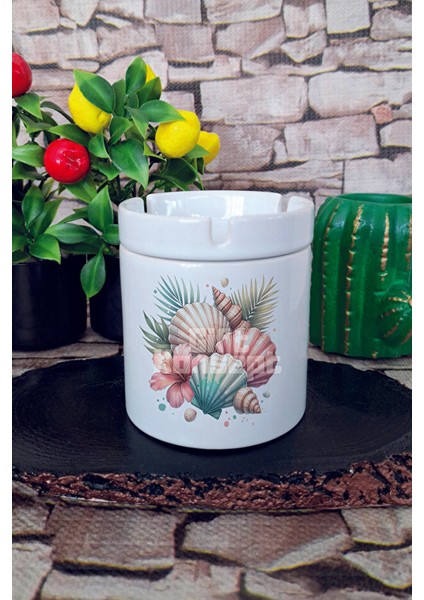 Renkli Deniz Kabukları Yaz Temalı Baskılı Seramik Kapaklı Kokusuz Küllük