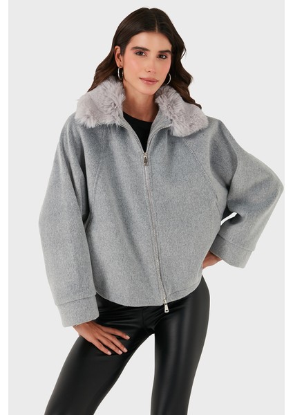 Pamuk Karışımlı Oversize Kürklü Yaka Yarasa Kol Kışa Kaşe Mont Bayan Mont 6839660