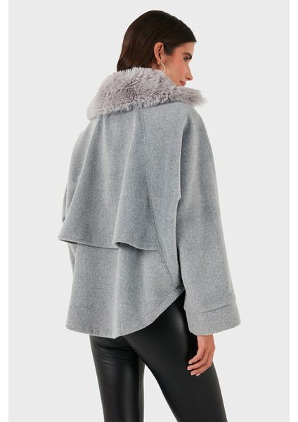 Pamuk Karışımlı Oversize Kürklü Yaka Yarasa Kol Kışa Kaşe Mont Bayan Mont 6839660