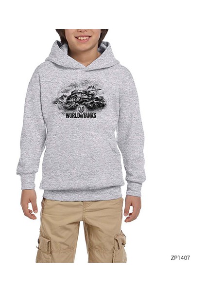World Of Tanks Vintage Gri Çocuk Kapşonlu Sweatshirt