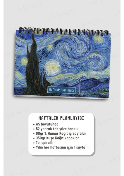 Haftalık Planlayıcı A5 Defter, Esnek Ince Karton Kapaklı, 1 Yıllık Plan, Van Gogh Yıldızlı Gece indirimleri