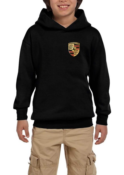 Porshe Logo Siyah Çocuk Kapşonlu Sweatshirt