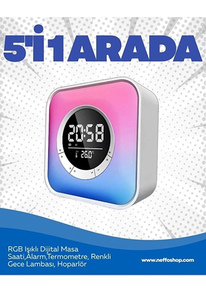 Rgb Işıklı Kare Dijital Saat | Bluetooth Hoparlör + Alarm + Termometre + Gece Lambası | USB Şarjlı