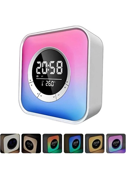 Rgb Işıklı Kare Dijital Saat | Bluetooth Hoparlör + Alarm + Termometre + Gece Lambası | USB Şarjlı modelleri