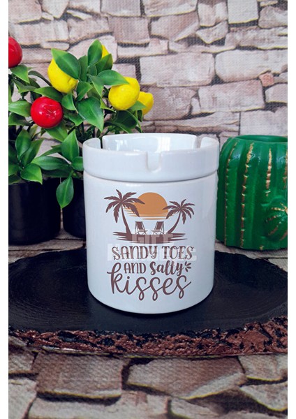 Sandy Topes And Salty Kisses Yaz Temalı Baskılı Seramik Kapaklı Kokusuz Küllük