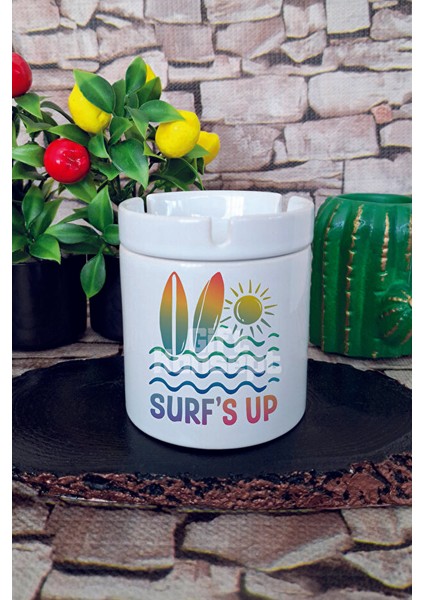 Surf's Up Yaz Temalı Baskılı Seramik Kapaklı Kokusuz Küllük