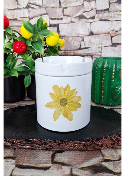 Sarı Çiçek Baskılı Seramik Kapaklı Kokusuz Küllük
