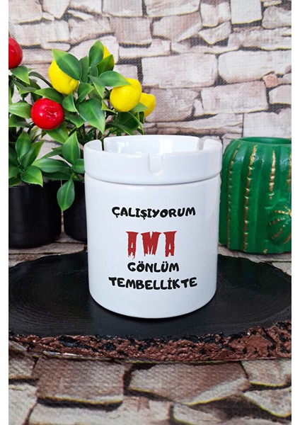Çalışıyorum Ama Gönlüm Tembellikte Komik Hediyelik Eğlenceli Baskılı Seramik Kapaklı Kokusuz Küllük