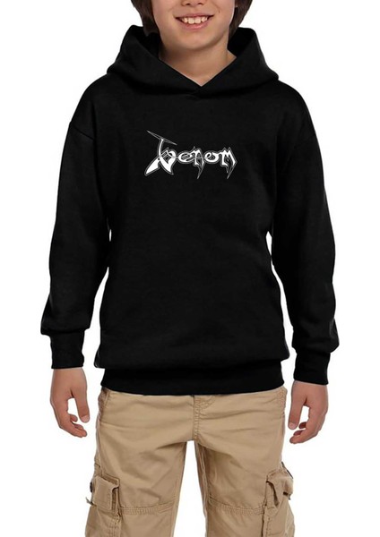 Venom Logo Text Siyah Çocuk Kapşonlu Sweatshirt