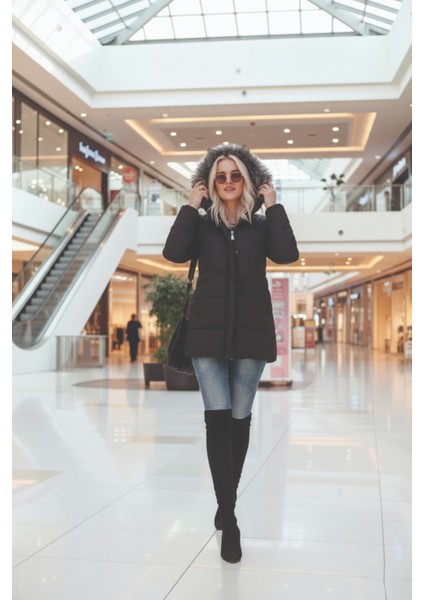 Kışlık Yaka Kürklü Uzun Kadın Şişme Mont