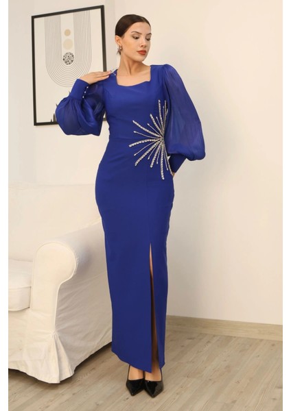 Taş Süslemeli Kare Yaka Balon Kol Yırtmaçlı Abiye Elbise 2345-SAKS