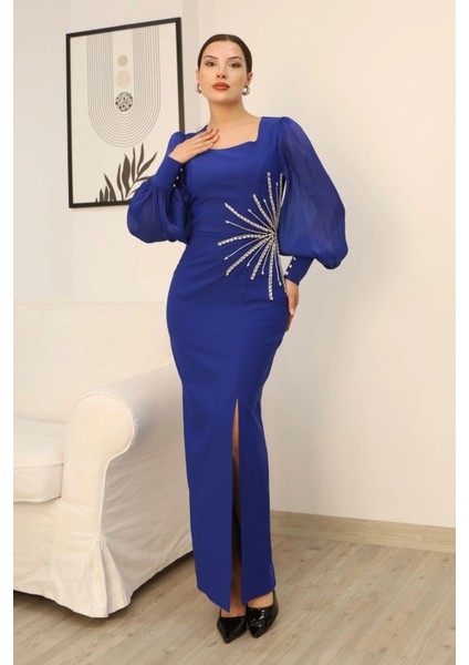 Taş Süslemeli Kare Yaka Balon Kol Yırtmaçlı Abiye Elbise 2345-SAKS modelleri