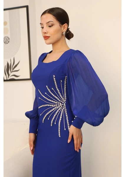 Taş Süslemeli Kare Yaka Balon Kol Yırtmaçlı Abiye Elbise 2345-SAKS indirimleri