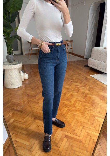 Kesik Paça Boyfit Jean- Koyu Mavi