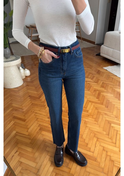 Kesik Paça Boyfit Jean- Koyu Mavi indirimleri