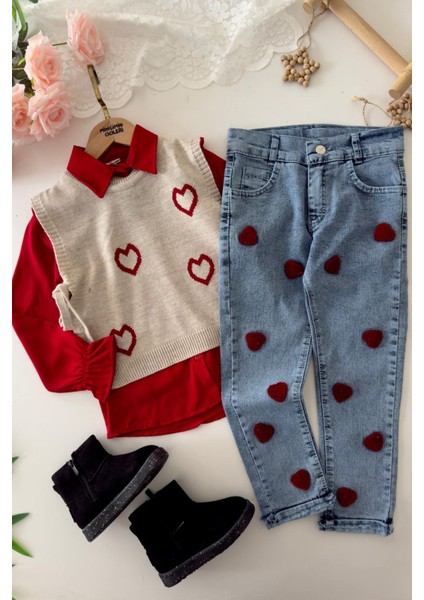 Kalp Panç Işleme Detaylı Süveterli 3 lü takım - Kırmızı