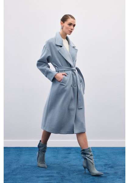 Beli Bağlamalı Uzun Kaban - Mavi