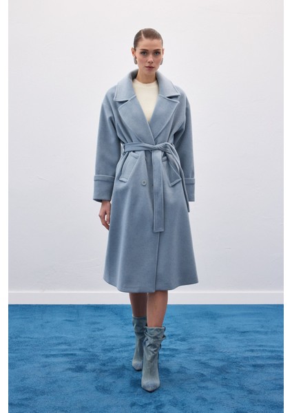 Beli Bağlamalı Uzun Kaban - Mavi fiyatları