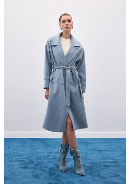 Beli Bağlamalı Uzun Kaban - Mavi modelleri