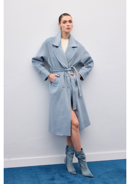 Beli Bağlamalı Uzun Kaban - Mavi indirimleri
