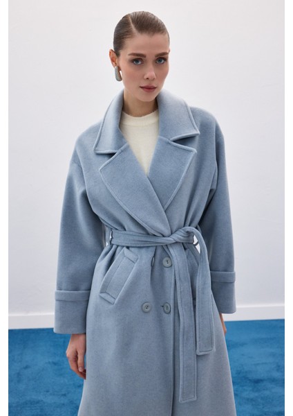 Beli Bağlamalı Uzun Kaban - Mavi