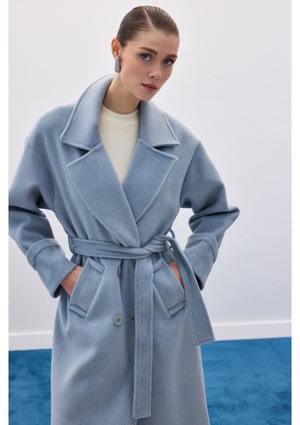 Beli Bağlamalı Uzun Kaban - Mavi