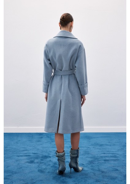 Beli Bağlamalı Uzun Kaban - Mavi