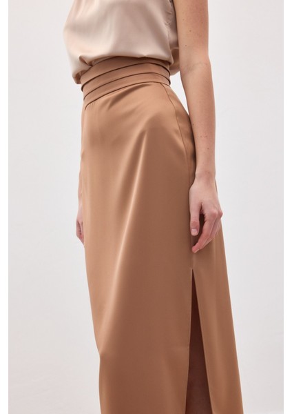 Bel Pile Detaylı Saten Etek - Camel indirimleri