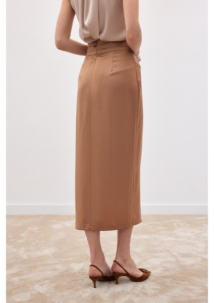 Bel Pile Detaylı Saten Etek - Camel