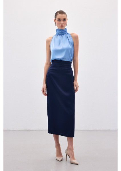 Bel Pile Detaylı Saten Etek - Lacivert