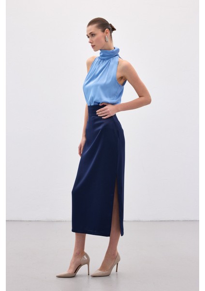 Bel Pile Detaylı Saten Etek - Lacivert fiyatları