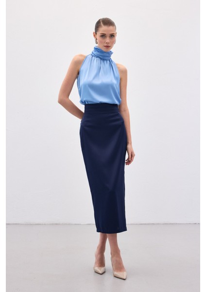 Bel Pile Detaylı Saten Etek - Lacivert modelleri
