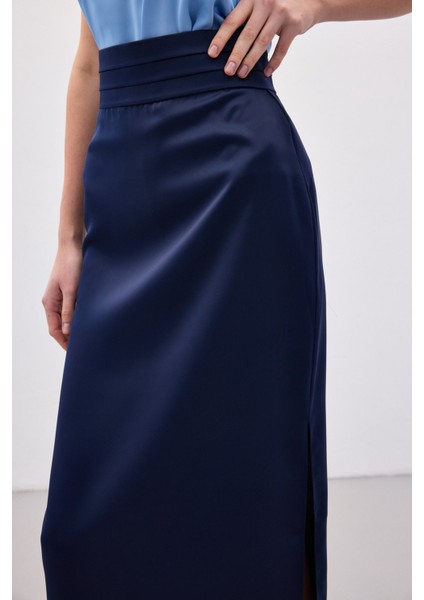 Bel Pile Detaylı Saten Etek - Lacivert