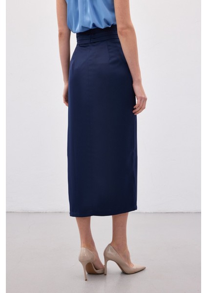 Bel Pile Detaylı Saten Etek - Lacivert