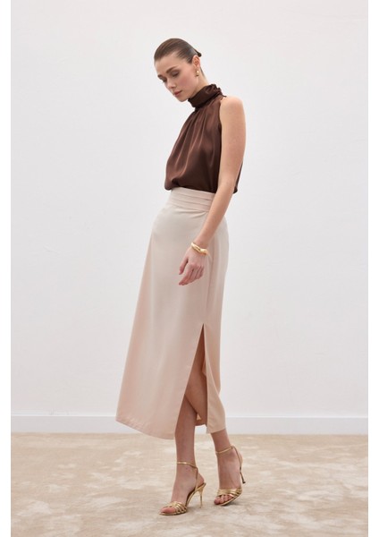 Bel Pile Detaylı Saten Etek - Bej