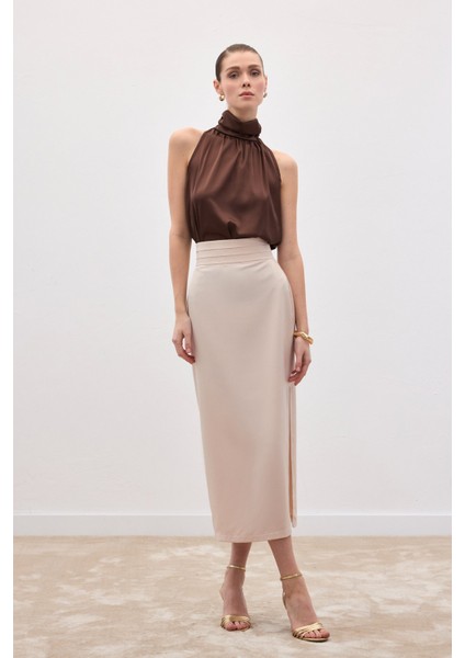 Bel Pile Detaylı Saten Etek - Bej fiyatları