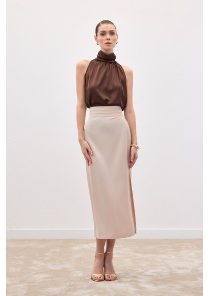 Bel Pile Detaylı Saten Etek - Bej modelleri