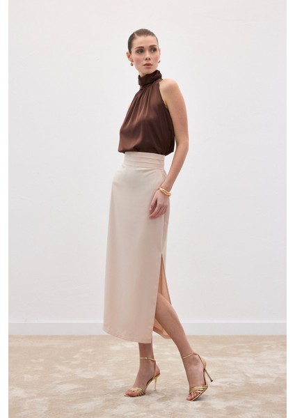 Bel Pile Detaylı Saten Etek - Bej indirimleri