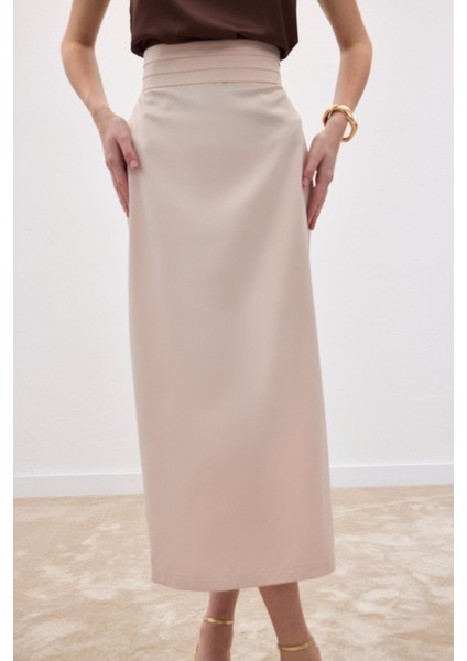 Bel Pile Detaylı Saten Etek - Bej