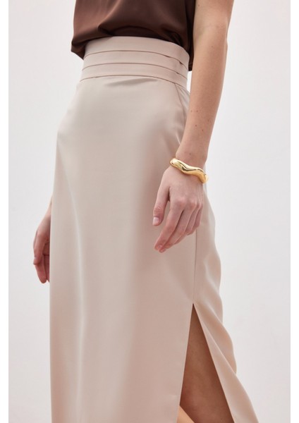 Bel Pile Detaylı Saten Etek - Bej