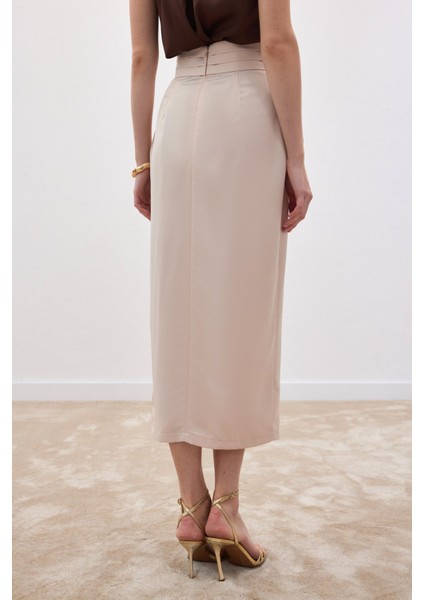 Bel Pile Detaylı Saten Etek - Bej