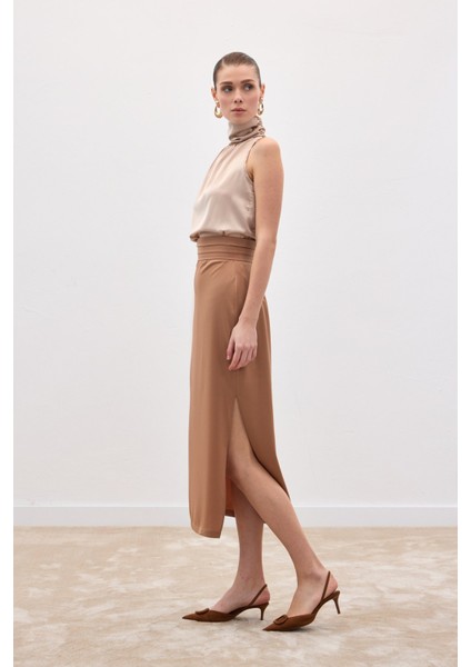 Bel Pile Detaylı Saten Etek - Camel fiyatları