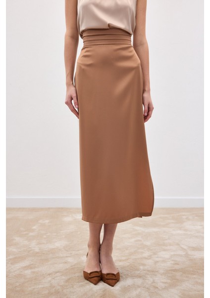 Bel Pile Detaylı Saten Etek - Camel fırsatları