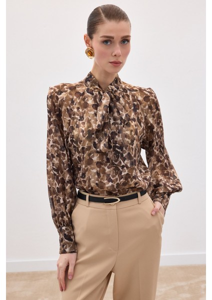 Fular Detaylı Bluz - Kahve