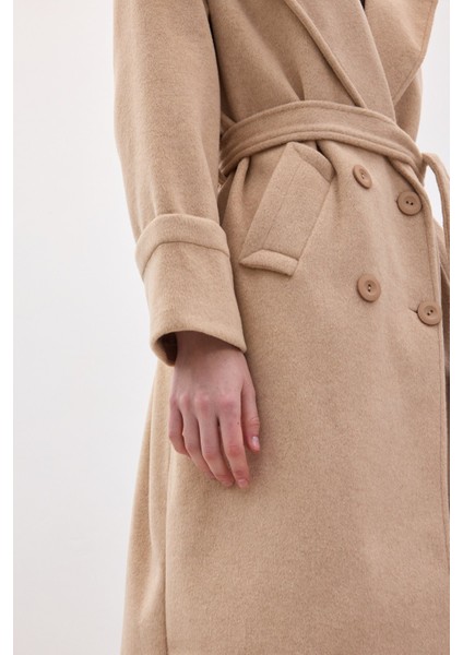 Beli Bağlamalı Uzun Kaban - Bej